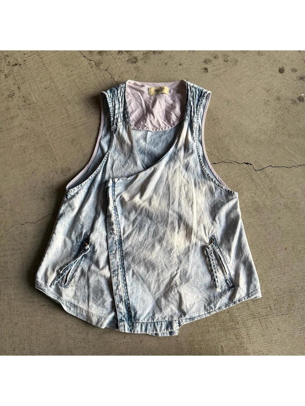 Beulah / denim moto zip drape vest / light fade blue